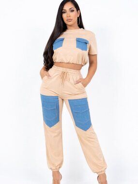 Women' Fashion 2 Pieces Denim Stitching shirt Joggers Pants - Daily Wear (Baige)